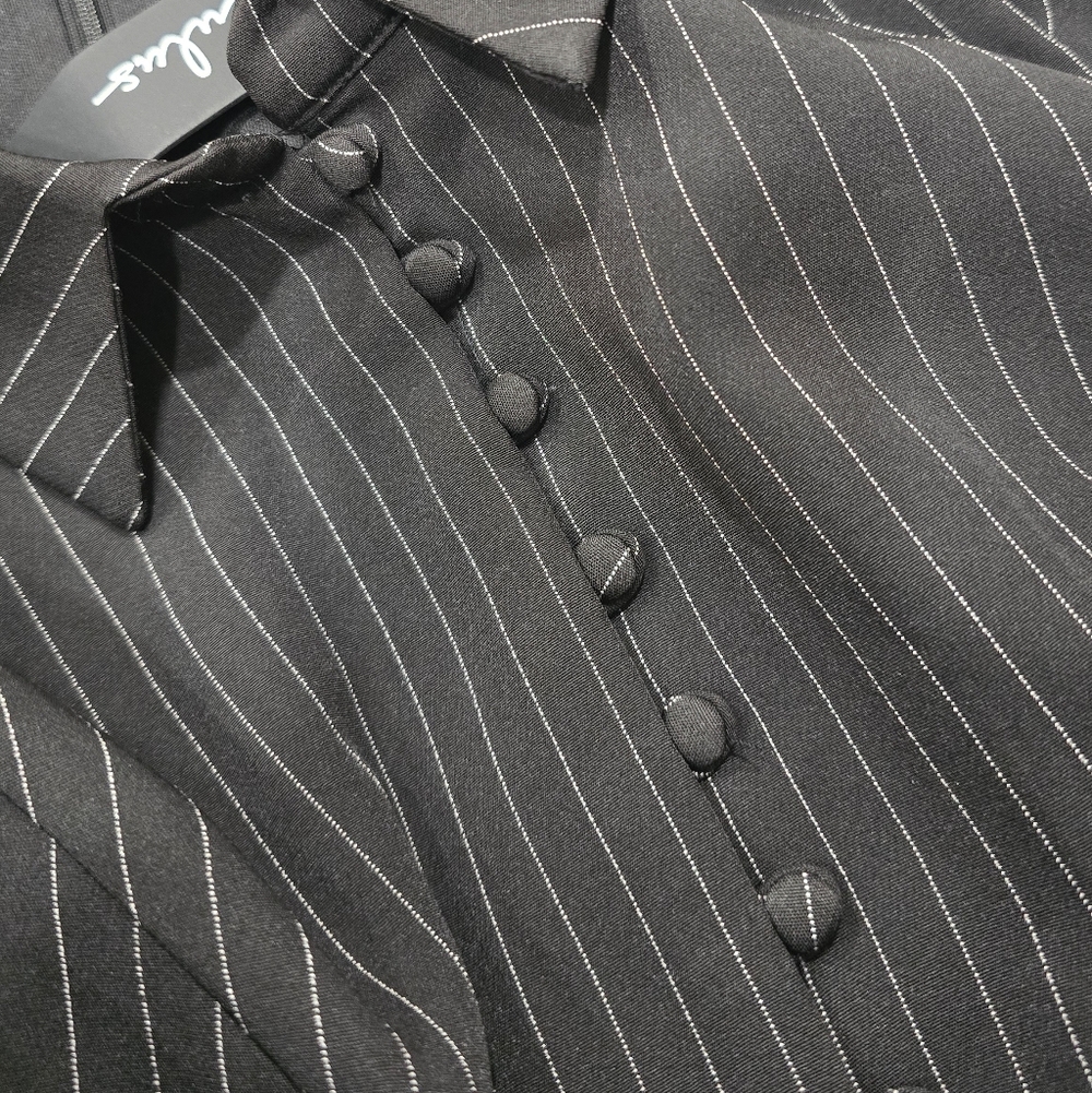 Lulus Totally Poised Black Pinstriped Collared Mini Dress With Pockets - Picture 6 of 7